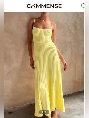 Commense Pale Yellow Pleated Maxi Dress with Spaghetti Straps